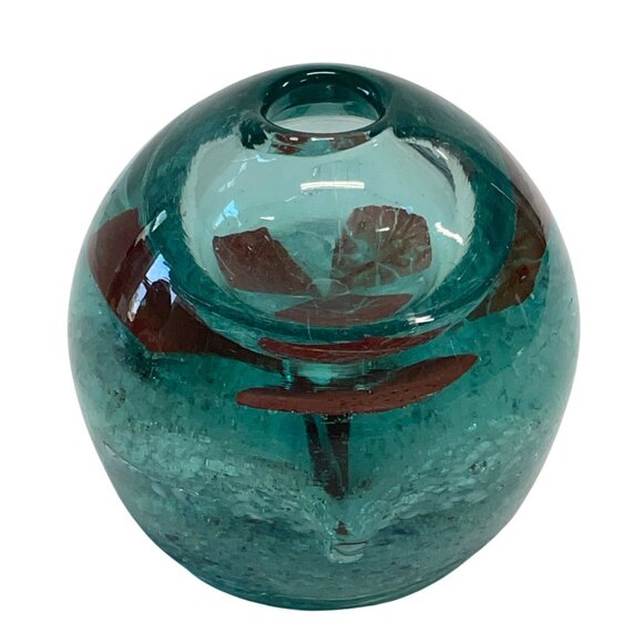 Handblown Turquoise Glass Vase With Embedded Red Flower Design - Picture 1 of 5